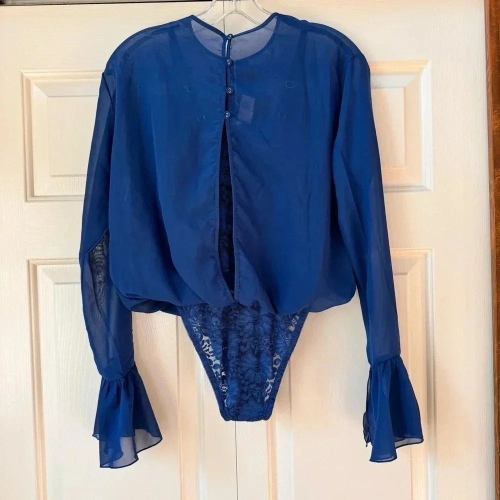 NWT We are Hot As Hell C it Thru Lace with Sheer long sleeve Bodysuit size XS